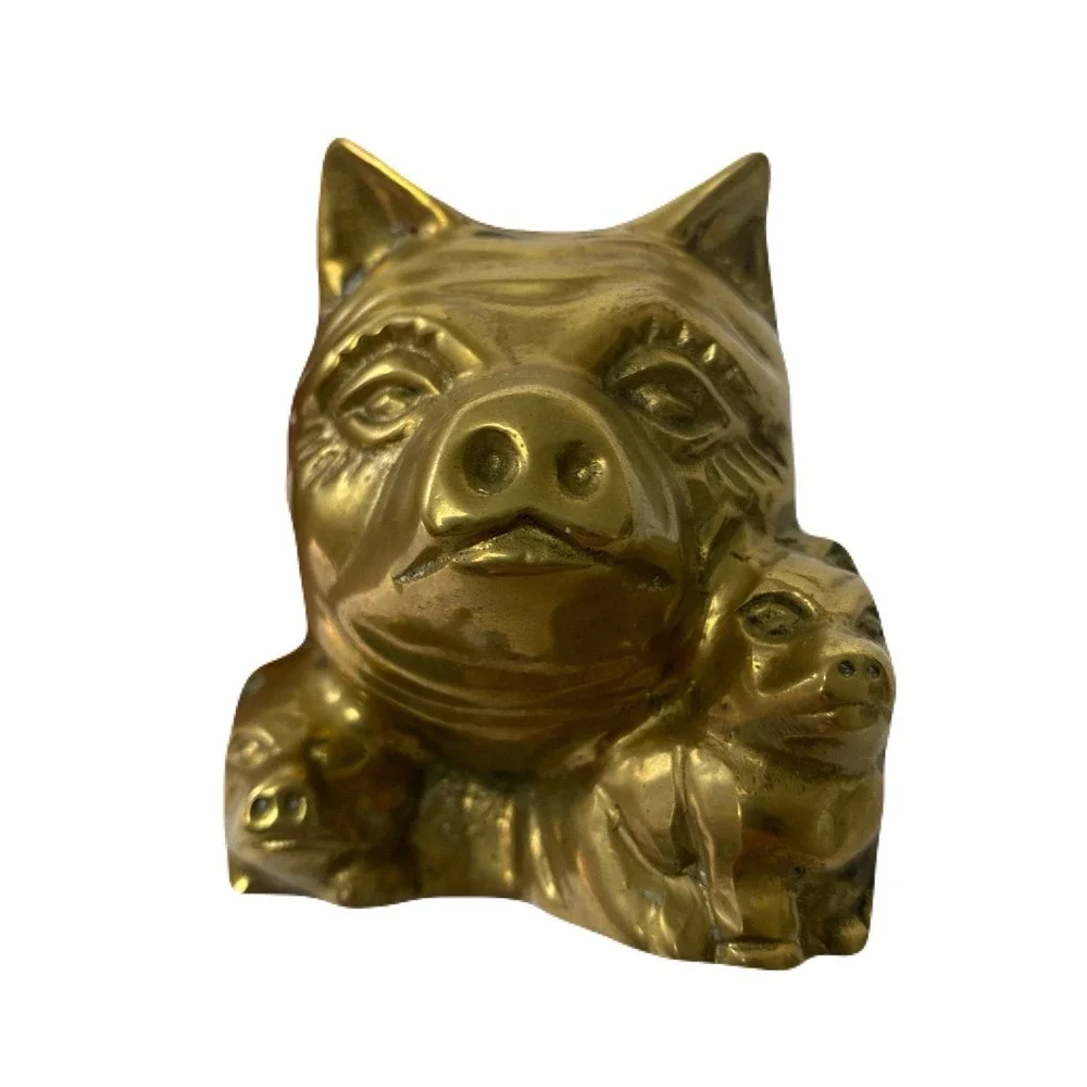 Vintage Solid Brass Pig w/ Piglets Paperweight Figurine 3